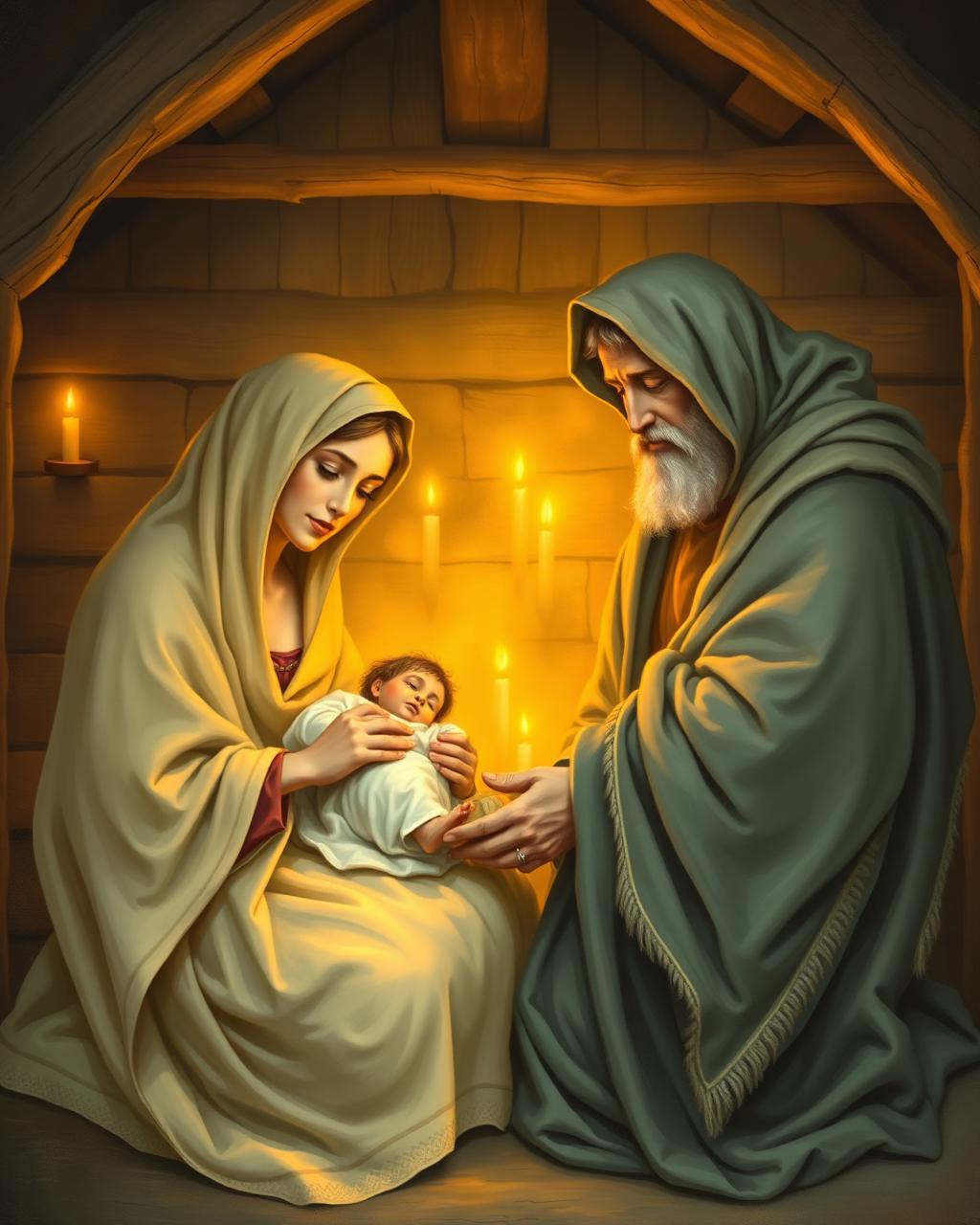 Holy Family: Mary and Joseph holding baby Jesus in candlelight
