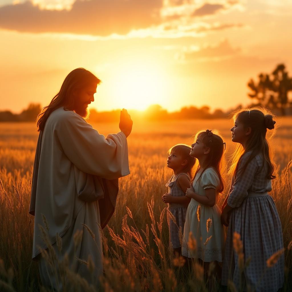 Jesus blessing children in a golden field at sunset