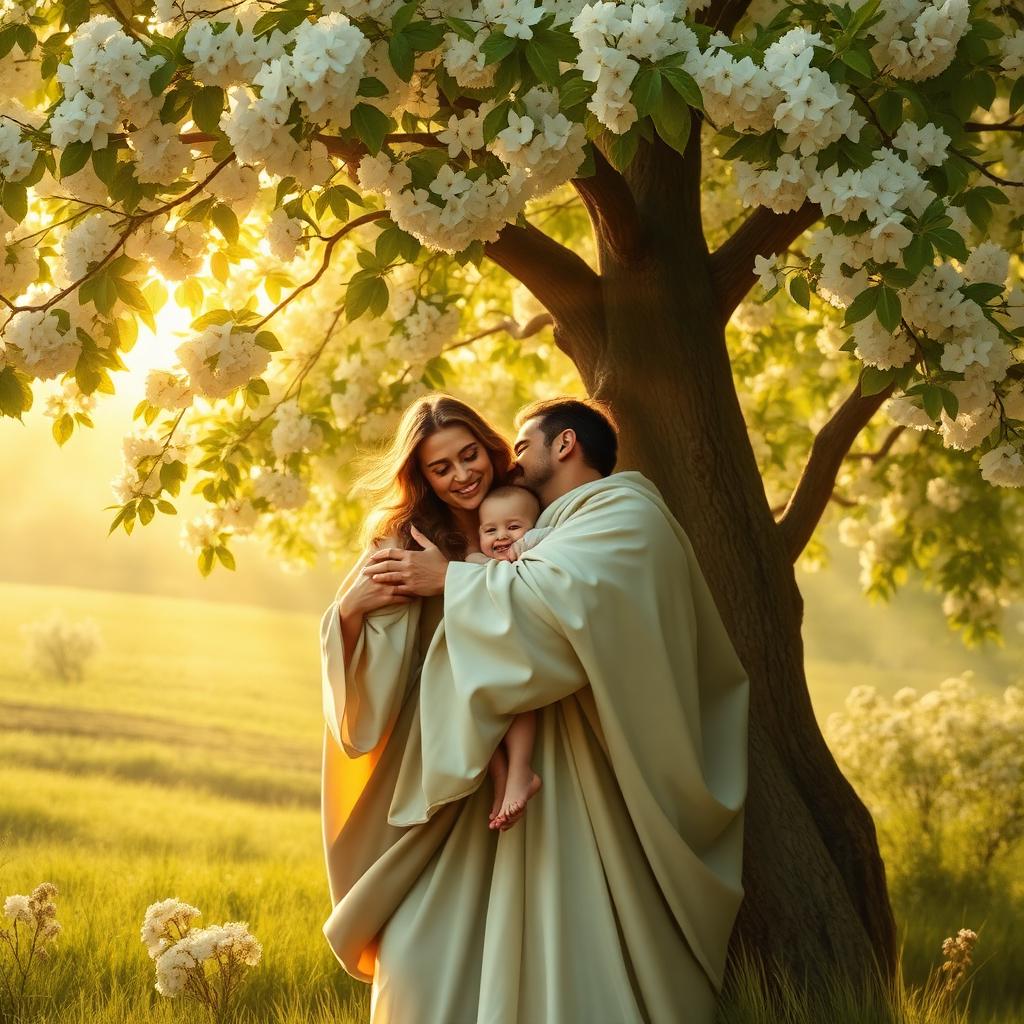Jesus embracing a family under a blooming garden tree