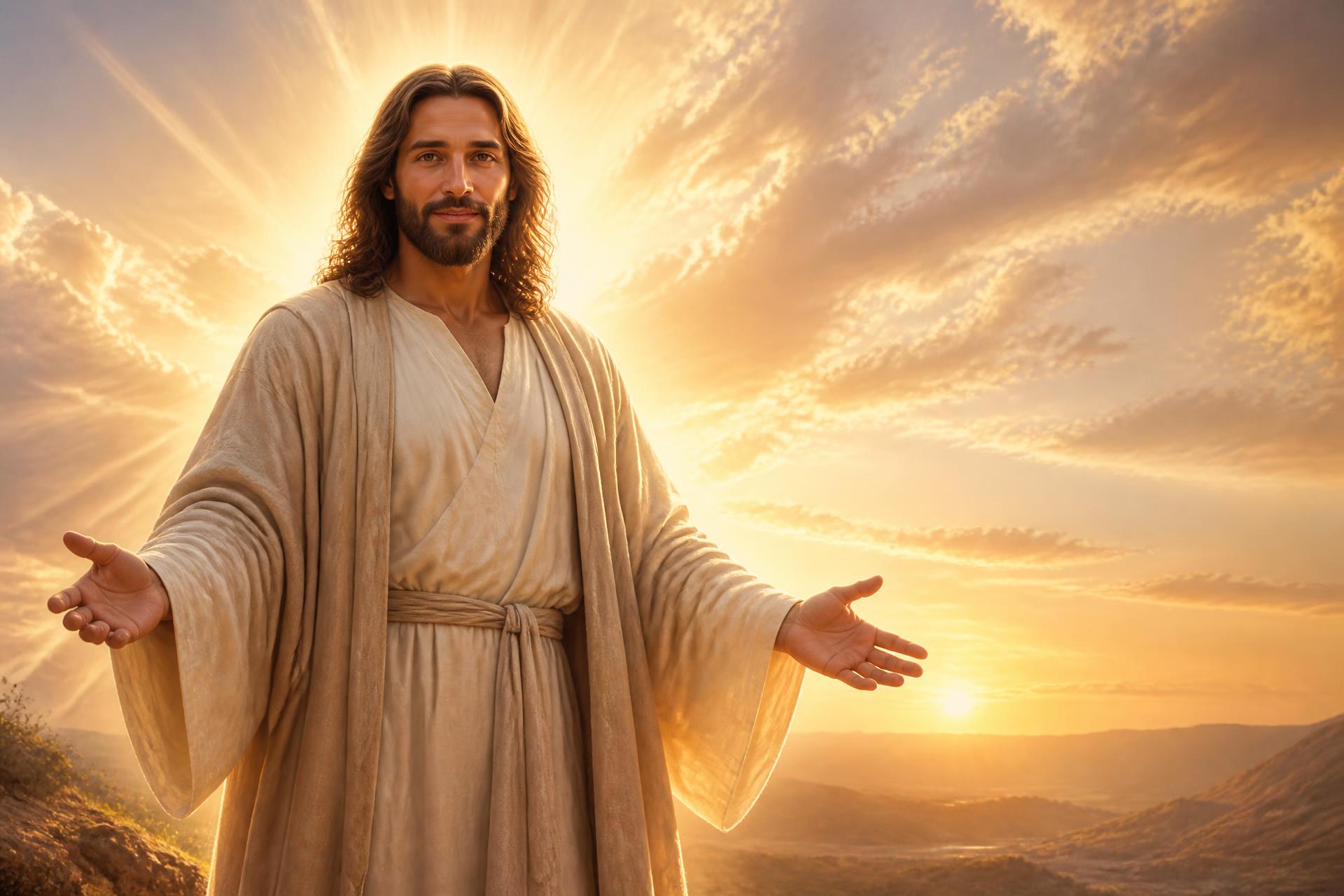 Jesus Christ with open arms bathed in divine golden light