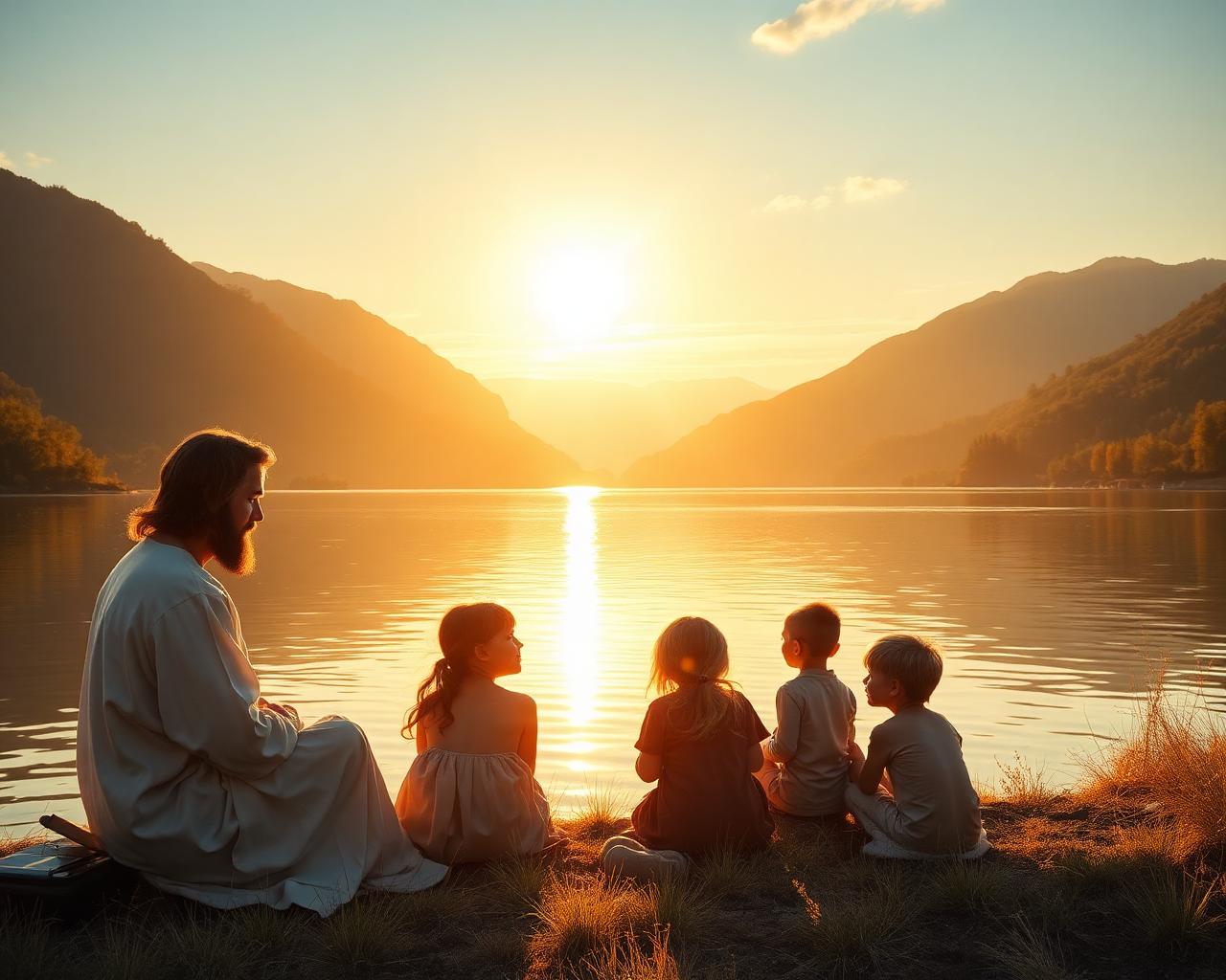 Jesus teaching children by a peaceful lakeside at sunset